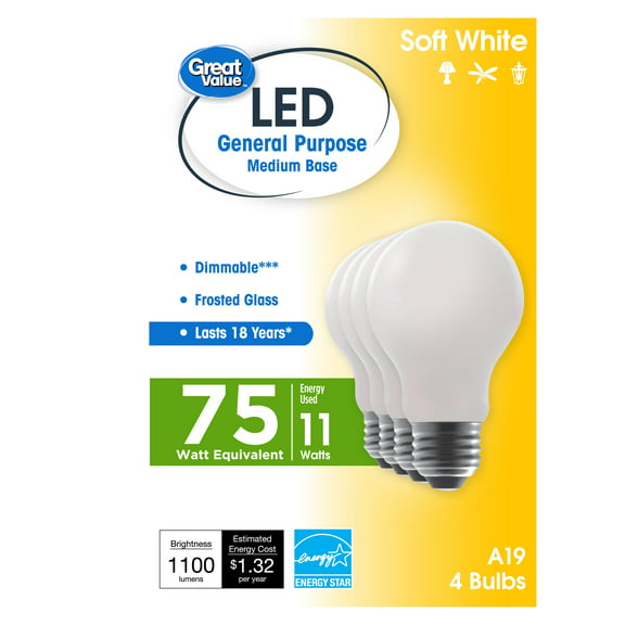 Great Value 18 Year LED Light Bulbs, A19 75 Watts Eqv, E26, Dim, Soft White, Frosted Glass, 4 Pack
