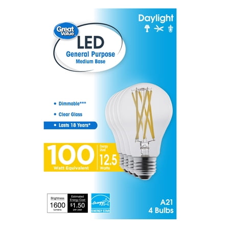 Great Value 18 Year LED Light Bulbs, A21 100 Watts Equivalent, E26, Dim, Daylight, Clear Glass, 4 Pack