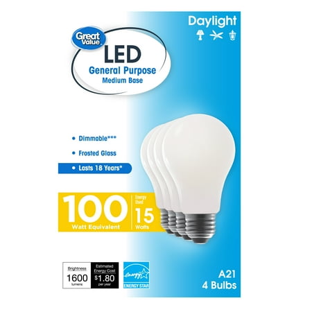 Great Value 18 Year LED Light Bulbs A21 100 Watts Equivalent, E26, Dimmable, Daylight, Frost Glass, 4 Pack