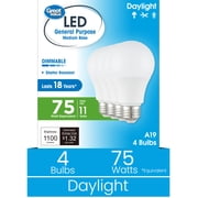Great Value 18YR A19 LED Bulb, 11-Watt 75W Equivalent E26 Base, Dimmable, Daylight, 4-Pack