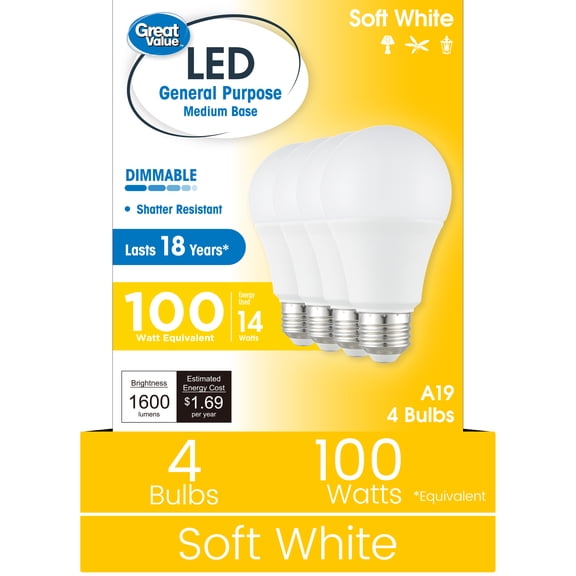 Great Value 18YR A19 LED Bulb, 13-Watt (100W Equivalent) E26 Base, Dimmable, Soft White, 4-Pack