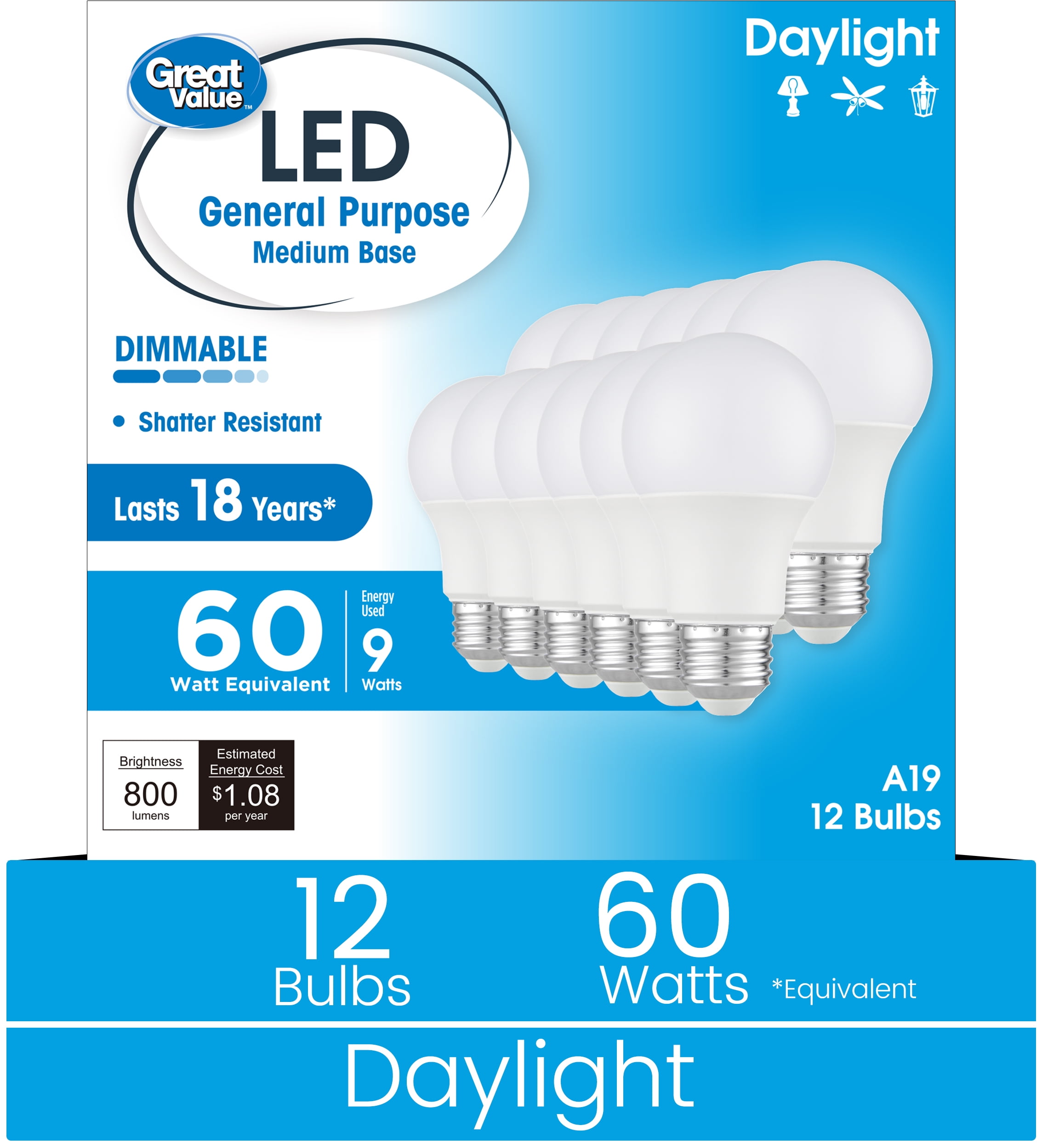 Great Value 18YR A19 LED Bulb, 9-Watt (60W Equivalent) E26 Base, Dimmable, Daylight, 12-Pack