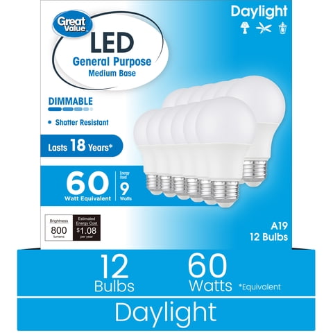 Great Value 18YR A19 LED Bulb, 9-Watt (60W Equivalent) E26 Base, Dimmable, Daylight, 12-Pack