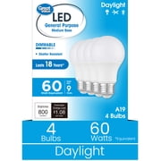 Great Value A19 LED 9W (60W Equivalent) Daylight E26 Medium Base General Purpose Light Bulbs, Dimmable, 4 Pack