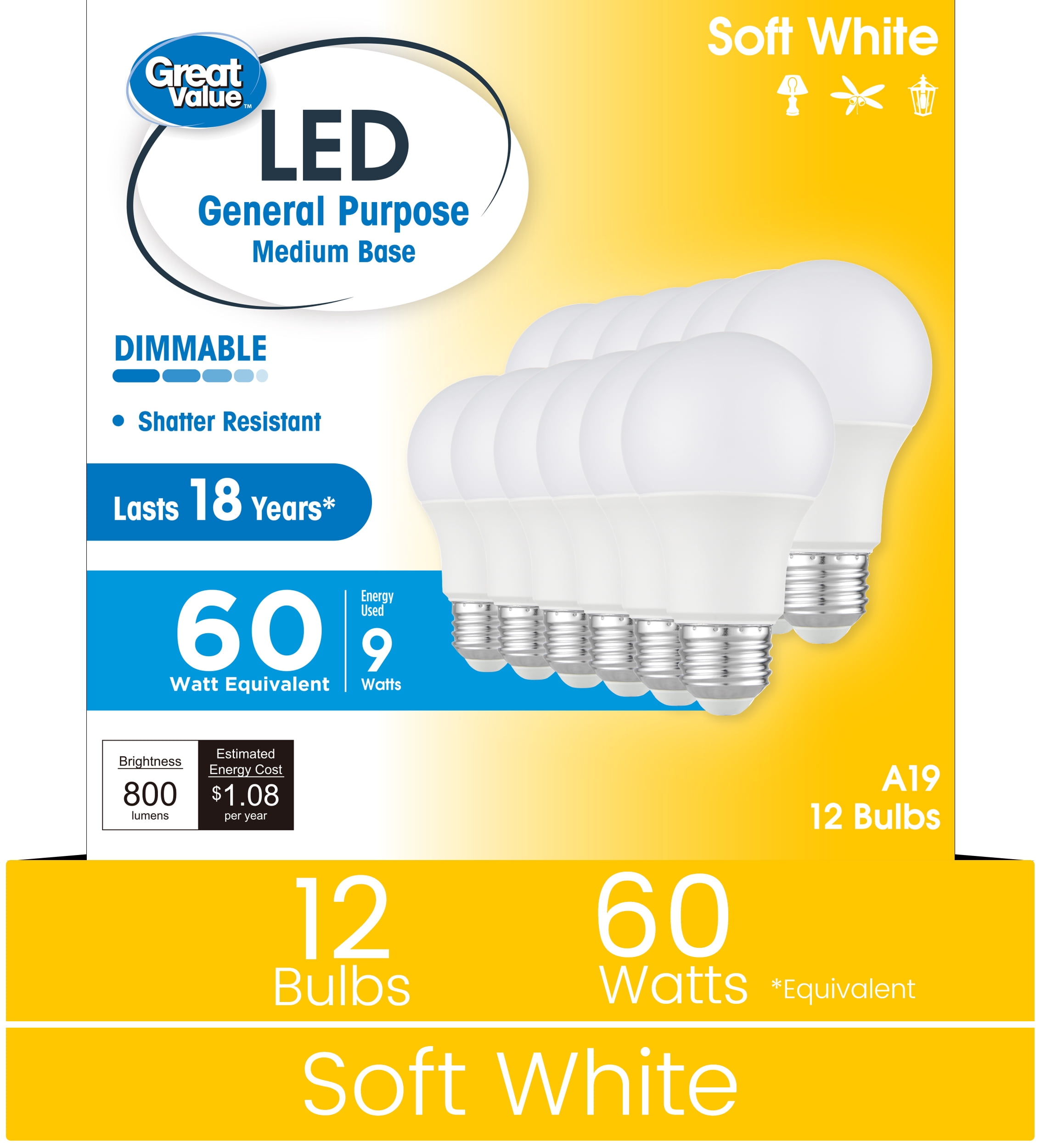 Great Value 18YR A19 LED Bulb, 9-Watt (60W Equivalent) E26 Base, Dimmable, Soft White, 12-Pack