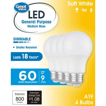 Great Value 18YR A19 LED Bulb, 9-Watt (60W Equivalent) E26 Base, Dimmable, Soft White, 4-Pack