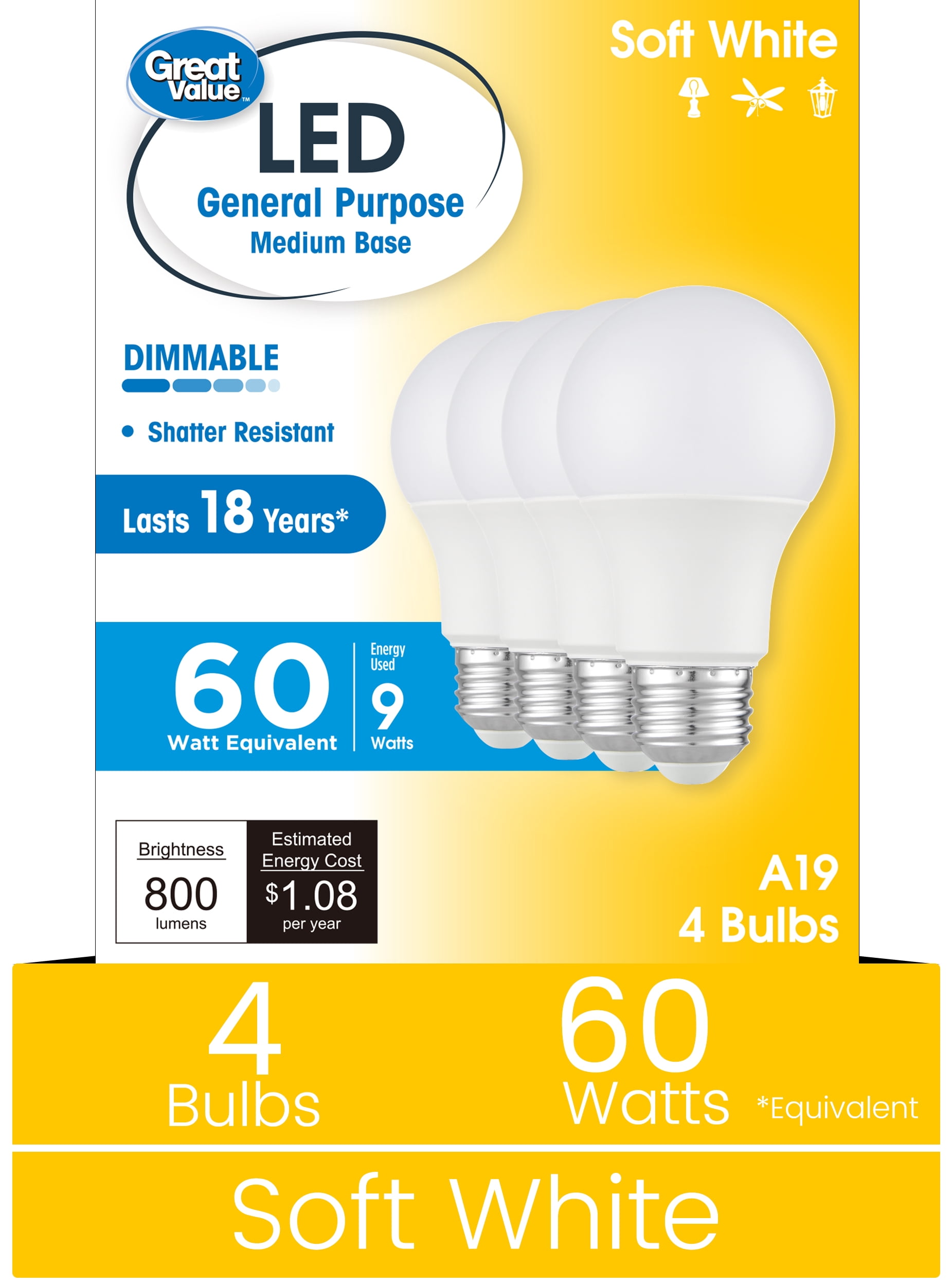 Great Value 18YR A19 LED Bulb, 9-Watt (60W Equivalent) E26 Base, Dimmable, Soft White, 4-Pack