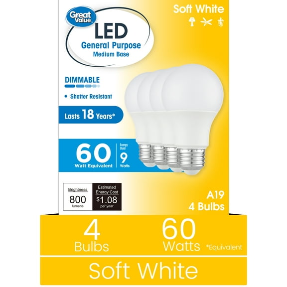 Great Value 18YR A19 LED Bulb, 9-Watt (60W Equivalent) E26 Base, Dimmable, Soft White, 4-Pack