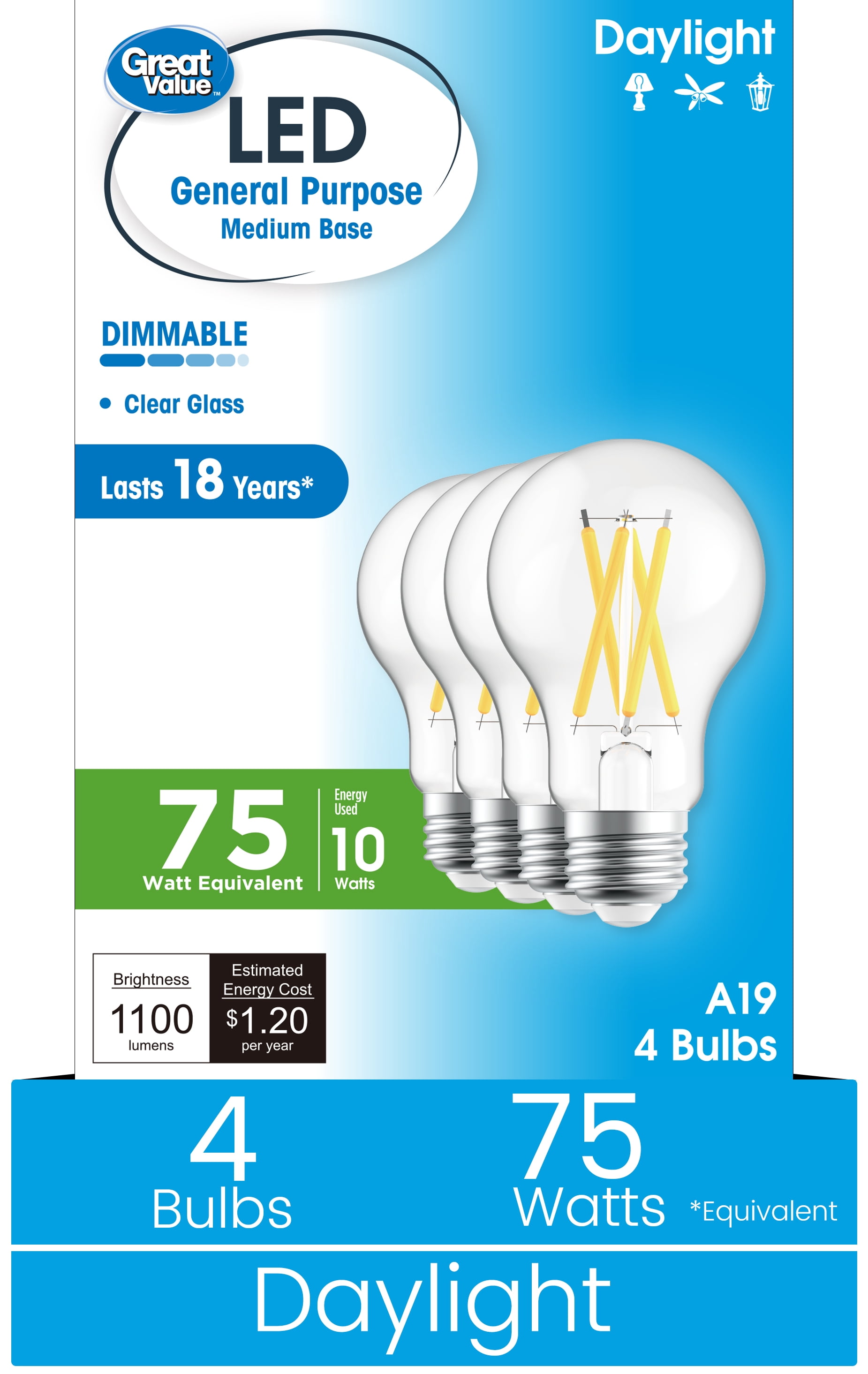 Great Value 18YR A19 LED Light Bulb, 10W (75W Equivalent) Dimmable Daylight E26 Medium Base (4 Pack)