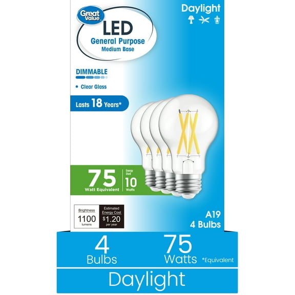 Great Value 18YR A19 LED Light Bulb, 10W (75W Equivalent) Dimmable Daylight E26 Medium Base (4 Pack)