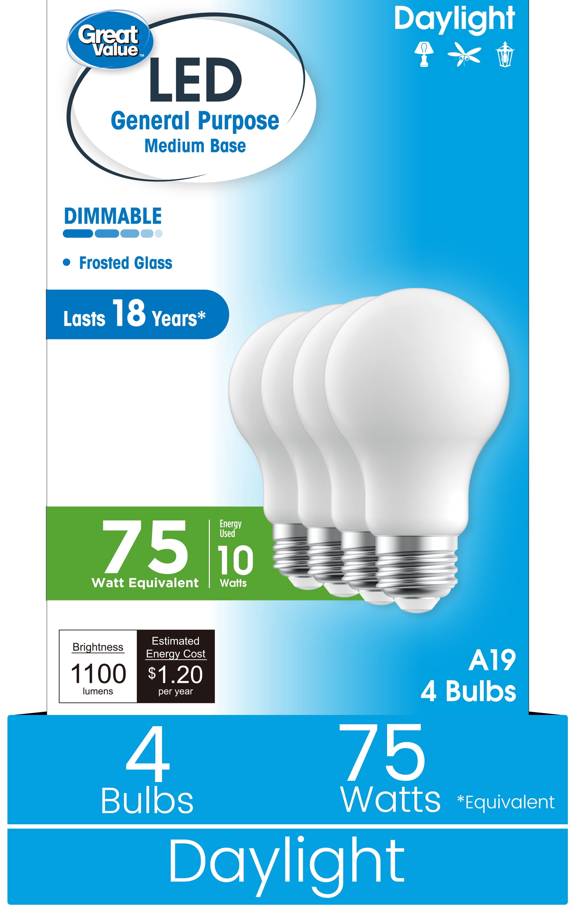 Great Value A19 LED 10W (75W Equivalent) Daylight E26 Medium Base General Purpose Light Bulbs, Dimmable, 4 Pack