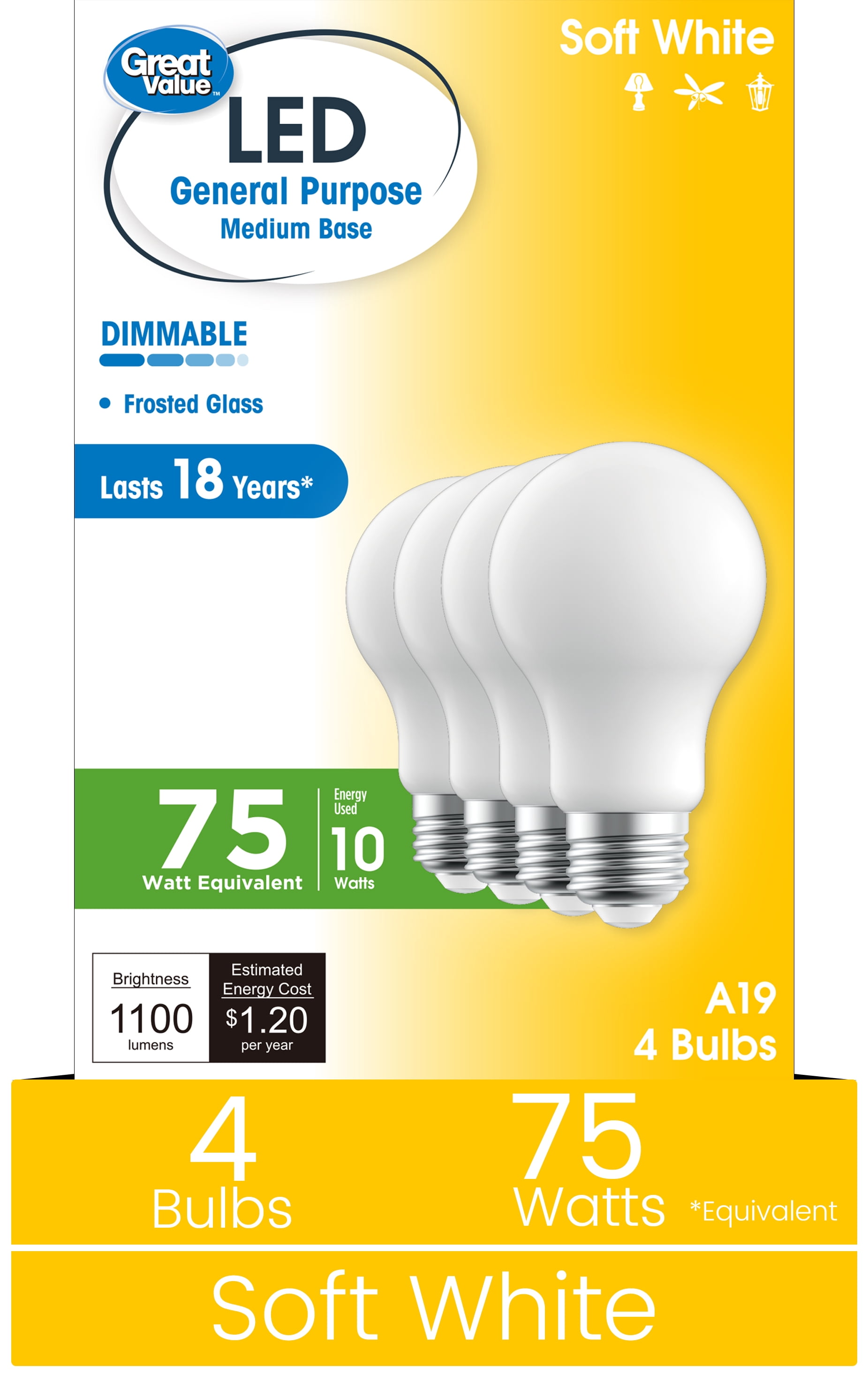 Great Value 18YR A19 LED Light Bulb, 10W (75W Equivalent) Dimmable Soft White E26 Base (4 Pack)