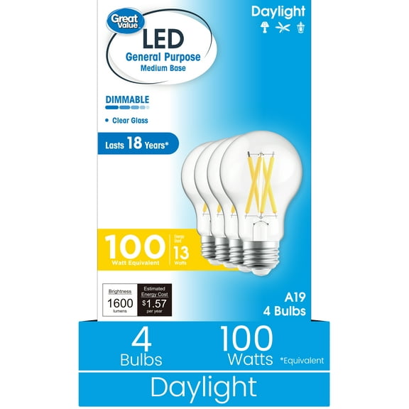 Great Value 18YR A19 LED Light Bulb, 13W (100W Equivalent) Daylight Dimmable E26 Medium Base (4 Pack)