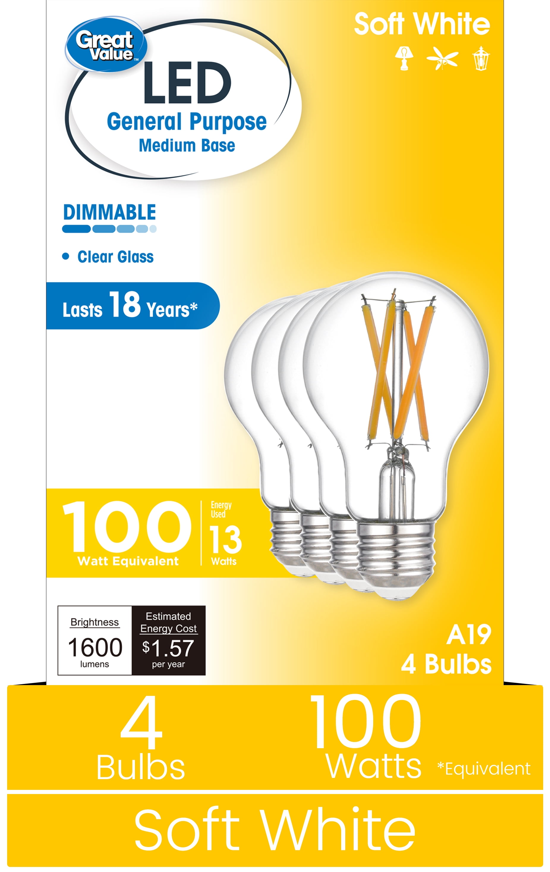 Great Value A19 LED 13W (100W Equivalent) Soft White E26 Medium Base General Purpose Light Bulbs, Dimmable, 4 Pack