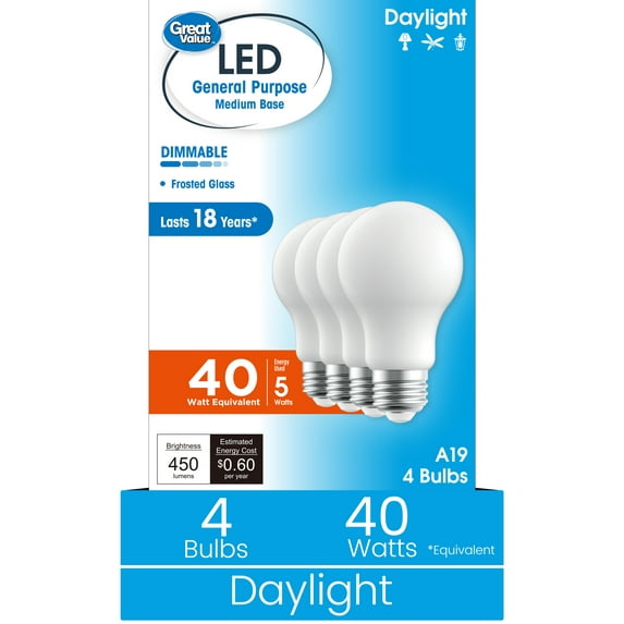 Great Value 18YR A19 LED Light Bulb, 5W (40W Equivalent) Dimmable Daylight E26 Medium Base, 4 Pack