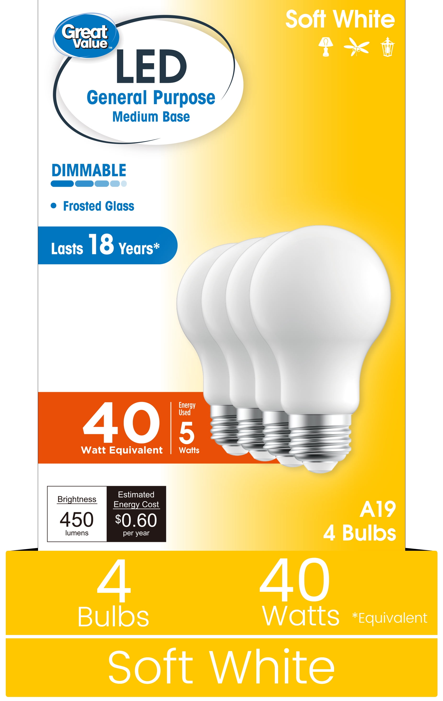Great Value 18YR A19 LED Light Bulb, 5W (40W Equivalent), Soft White, Dimmable, E26 Medium Base (4 Pack)