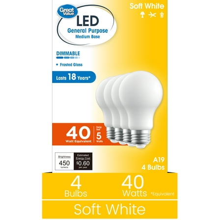 Great Value 18YR A19 LED Light Bulb, 5W (40W Equivalent), Soft White, Dimmable, E26 Medium Base (4 Pack)