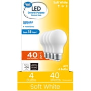 Great Value 18YR A19 LED Light Bulb, 5W, 40W Equivalent, Soft White, Dimmable, E26 Medium Base, 4 Pack