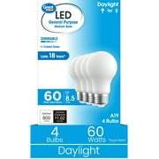 Great Value 18YR A19 LED Light Bulb, 8.5W(60W Equivalent) Dimmable Daylight E26 Medium Base, 4 Pack
