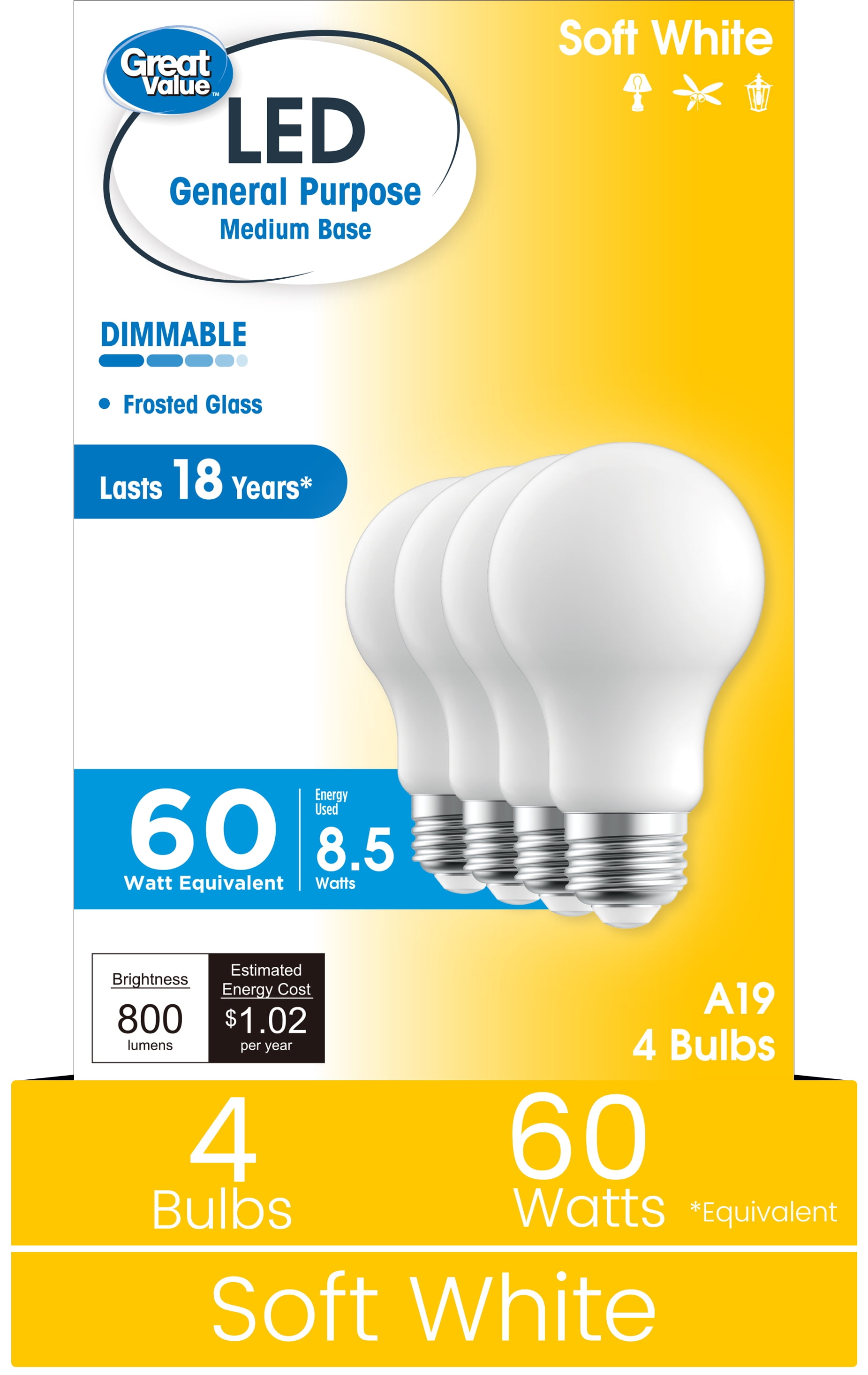 Great Value 18YR A19 LED Light Bulb, 8.5W, 60W Equivalent, Dimmable Soft White, E26 Medium Base, 4 Pack