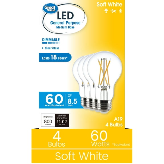 Great Value 18YR A19 LED Light Bulb, 8.5W(60W Equivalent) Dimmable Soft White E26 Medium Base, 4 Pack