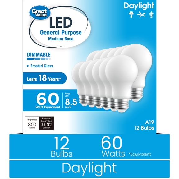 Great Value 18YR A19 LED Light Bulb, 8.5W(60W Equivalent), E26 Base, Dimmable, Daylight, 12-Pack