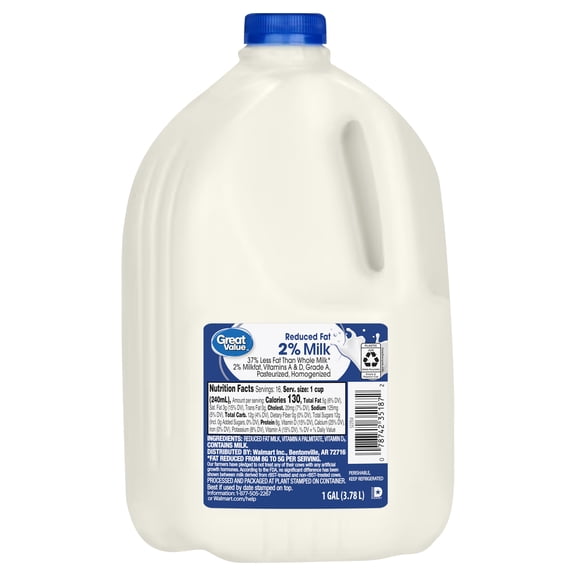 Great Value, 2% Reduced Fat Milk, Gallon