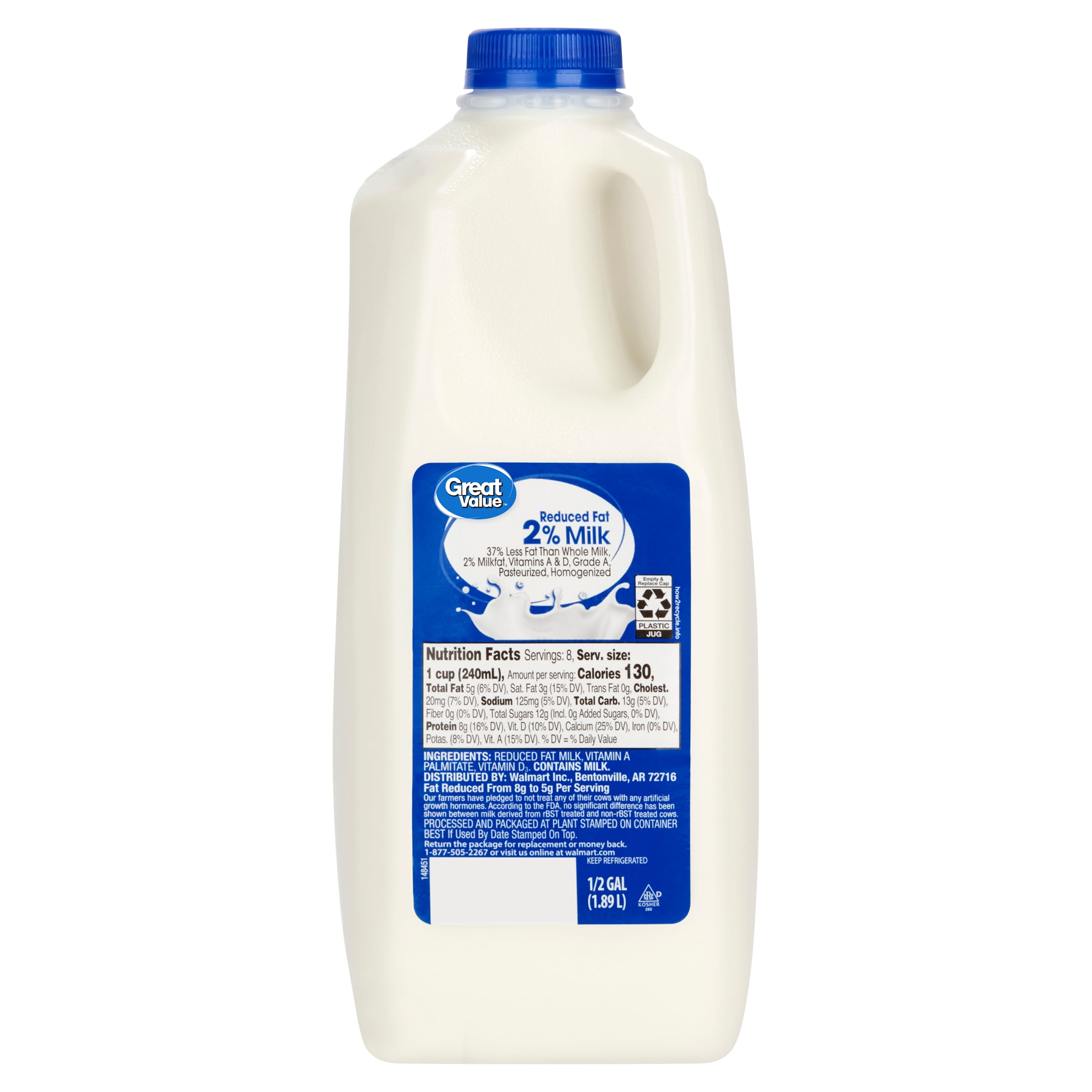 Great Value 2% Reduced Fat Milk, Half Gallon, 64 fl oz