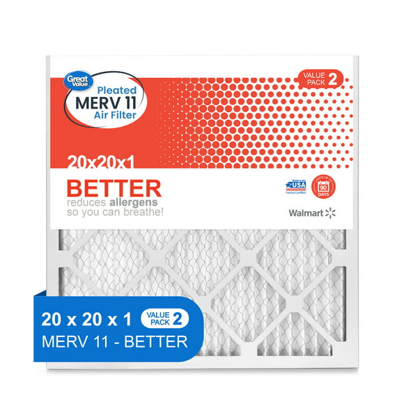 Great Value; 20x20x1; MERV 11 BETTER HVAC Air and Furnance Filter; Reduces Allergens; 2 Filters