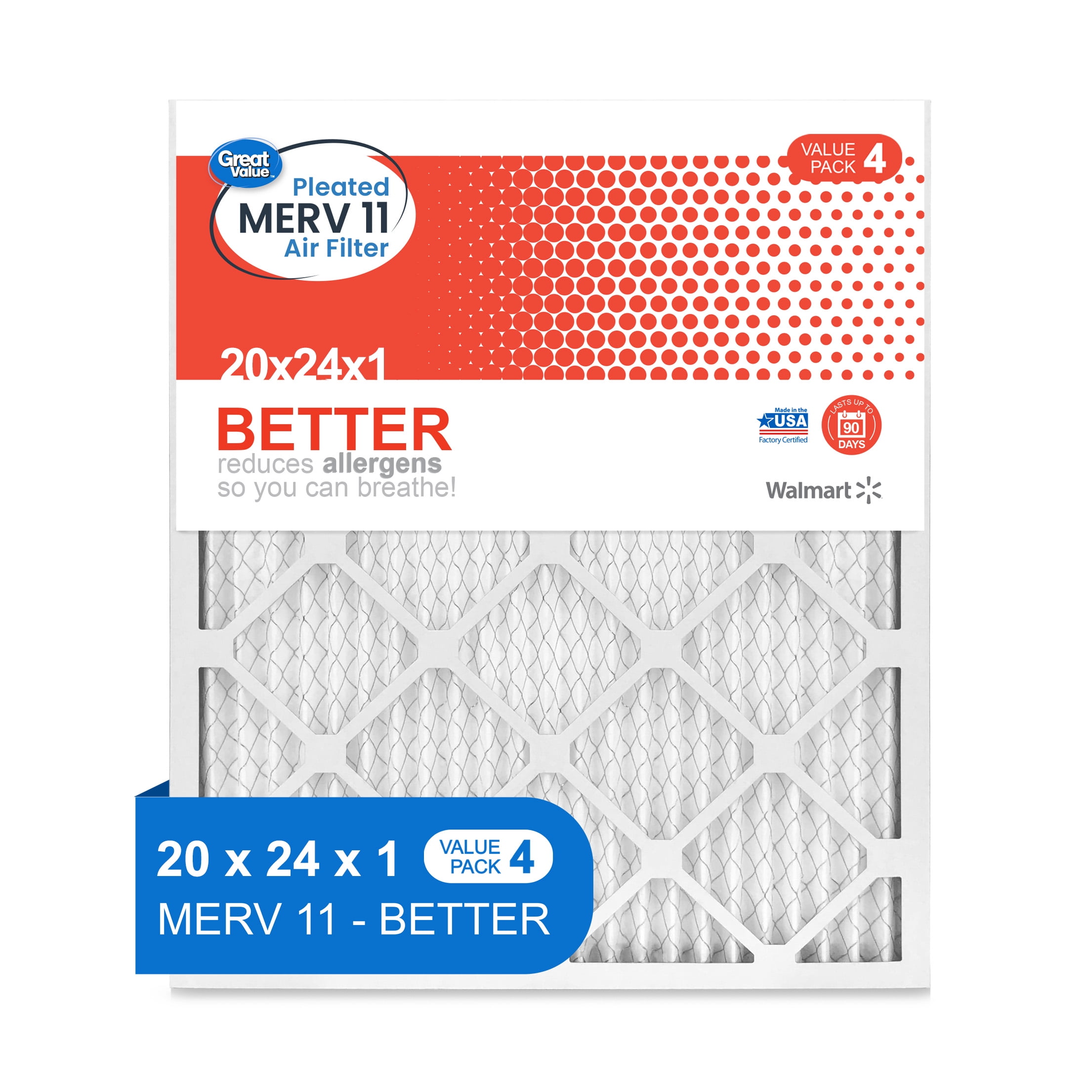 Great Value; 20x24x1; MERV 11 BETTER HVAC Air and Furnace Filter; Reduces Allergens; 4 Filters