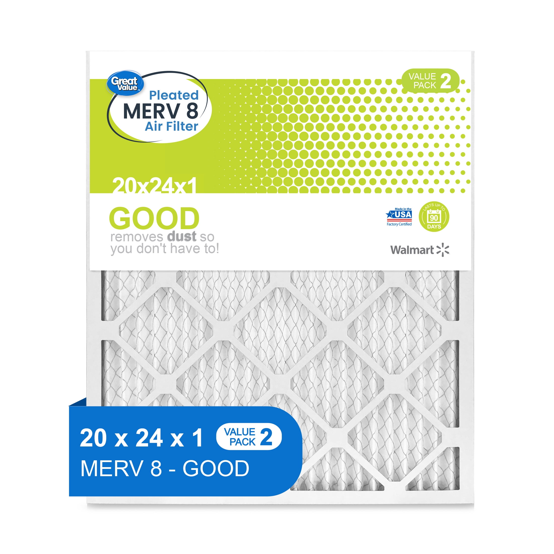 Great Value, 20x24x1, MERV 8 GOOD HVAC Air and Furnace Filter, Captures Dust, 2 Filters