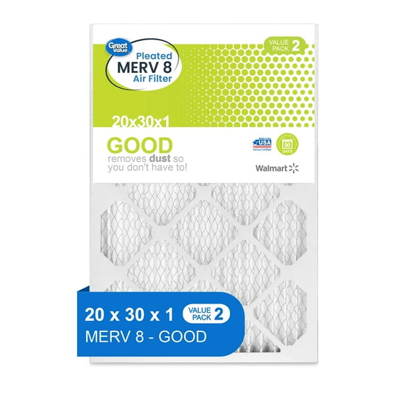 Great Value, 20x30x1, MERV 8 GOOD HVAC Air and Furnace Filter, Captures Dust, 2 Filters