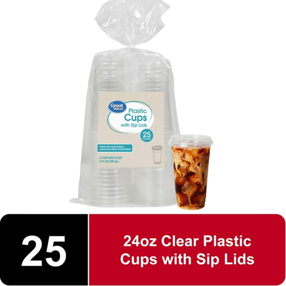 Great Value Disposable Plastic Cold Cups with Sip Lids, 24 fl oz, 25 Count