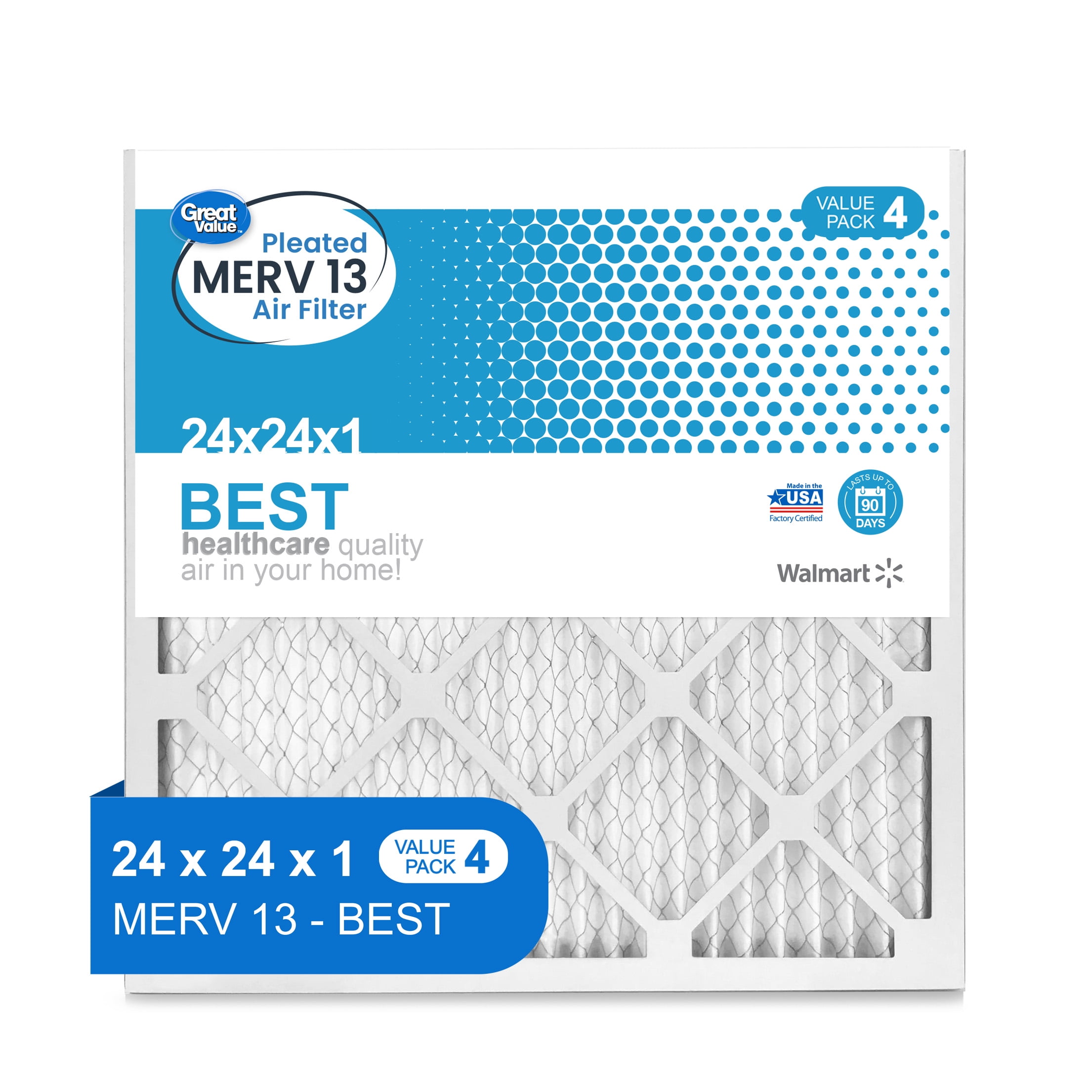 Great Value; 24x24x1; MERV 13 BEST HVAC Air and Furnace Filter; Captures Dust; 4 Filters