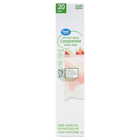 Great Value 25% Plant-Based Compostable Gallon Bags, 20 Count