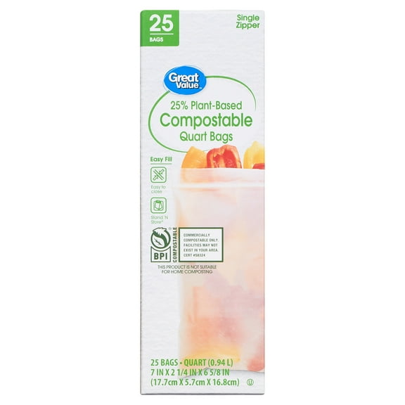 Great Value 25% Plant-Based Compostable Quart Bags, 25 Count