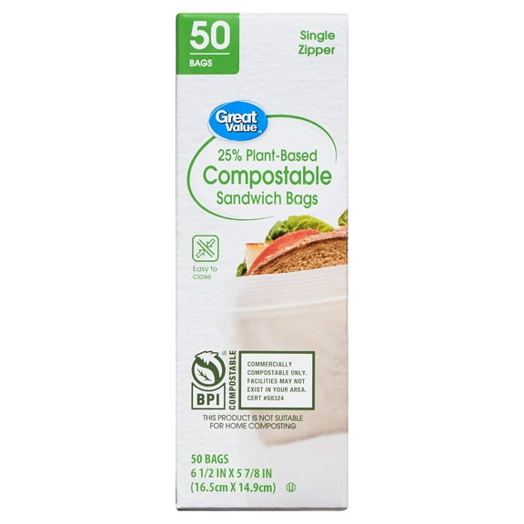 Great Value 25% Plant-Based Compostable Sandwich Bags, 50 Count
