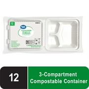 Great Value Compostable Hinged 3-Compartment Take-Out Containers, White, 8 Inch, 12 Count