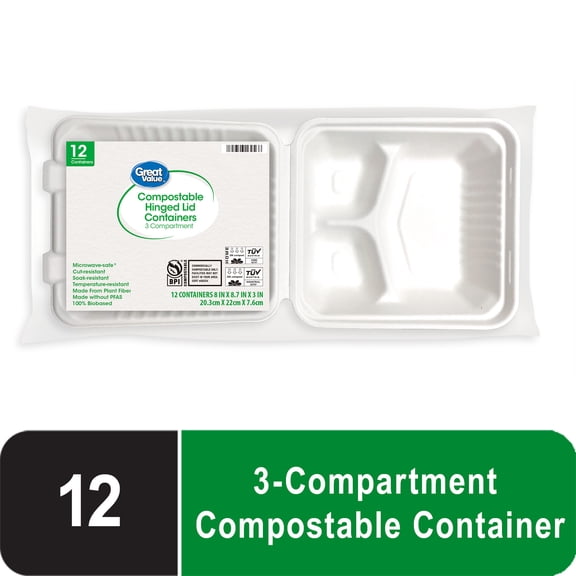 Great Value Eco-Friendly 3 Compartment Compostable Hinged Container, White, 12 Count