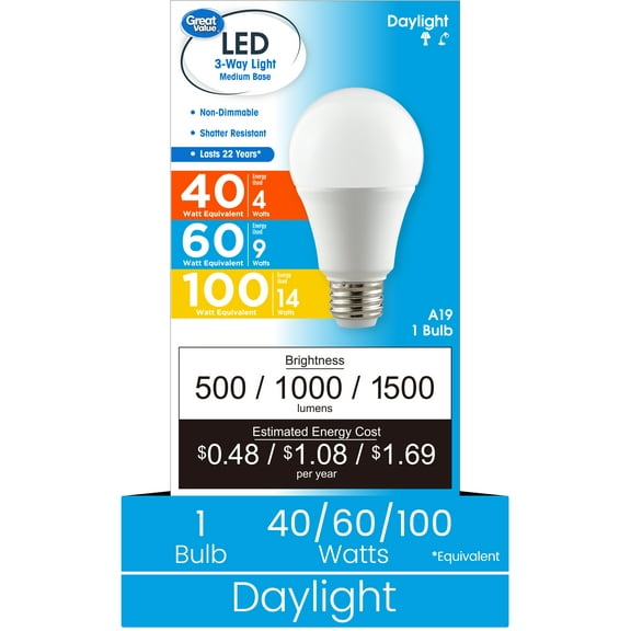 Great Value 3-Way A19 LED Light Bulb, 40/60/100 Watts Tunable, Daylight, E26 Medium Base (1 Pack)