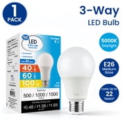 Great Value 3-Way A19 LED Light Bulb, 40/60/100 Watt Equivalent, Daylight, E26 Medium Base, 1 Pack