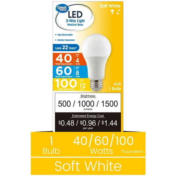 Great Value 3-Way A19 LED Light Bulb, 40/60/100 Watts Tunable, Soft White, E26 Medium Base (1 Pack)