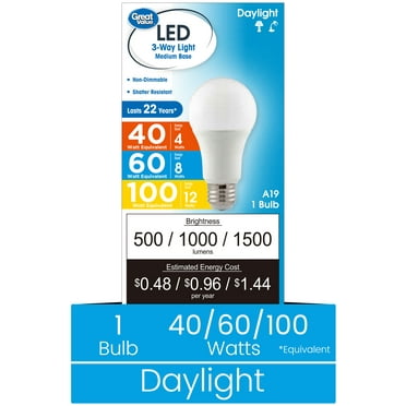Great Value 3-Way LED Light Bulb, A19 40/60/100 Watts Daylight Selectable Bulb in E26 Medium Base