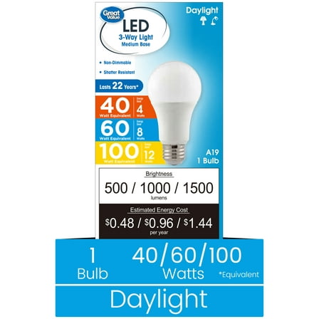 Great Value 3-Way A19 LED Light Bulb, 40/60/100 Watts Daylight Selectable Bulb in E26 Medium Base