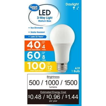 Great Value 3-Way LED Light Bulb, A19 40/60/100 Watts Daylight Selectable Bulb in E26 Medium Base