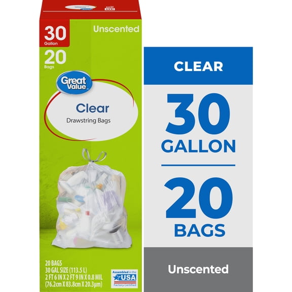 Great Value 30-Gallon Large Clear Drawstring Trash Bags, 20 Count