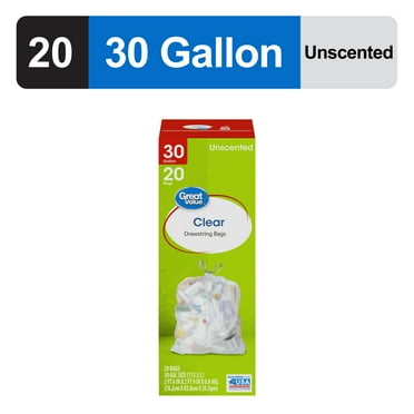 (3 pack) Great Value 30-Gallon Clear Drawstring Large Trash Bags, 20 Bags