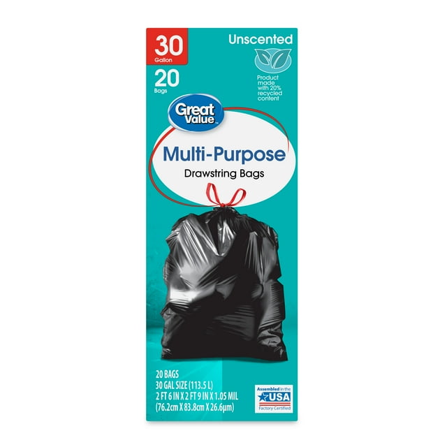 Great Value 30Gallon Drawstring MultiPurpose Large Trash Bags, 20