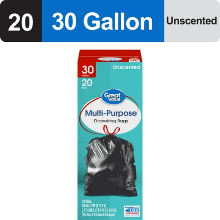 Great Value 30-Gallon Drawstring Multi-Purpose Large Trash Bags, 20 Bags