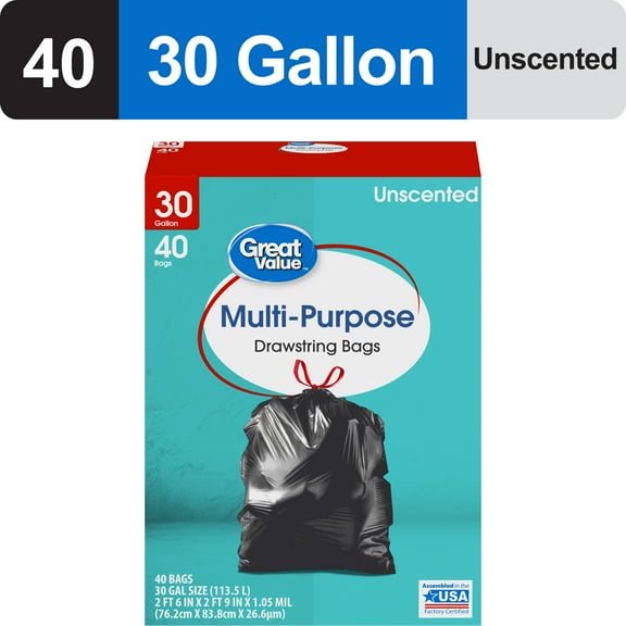 Great Value 30-Gallon Drawstring Multi-Purpose Trash Bags, 40 Bags
